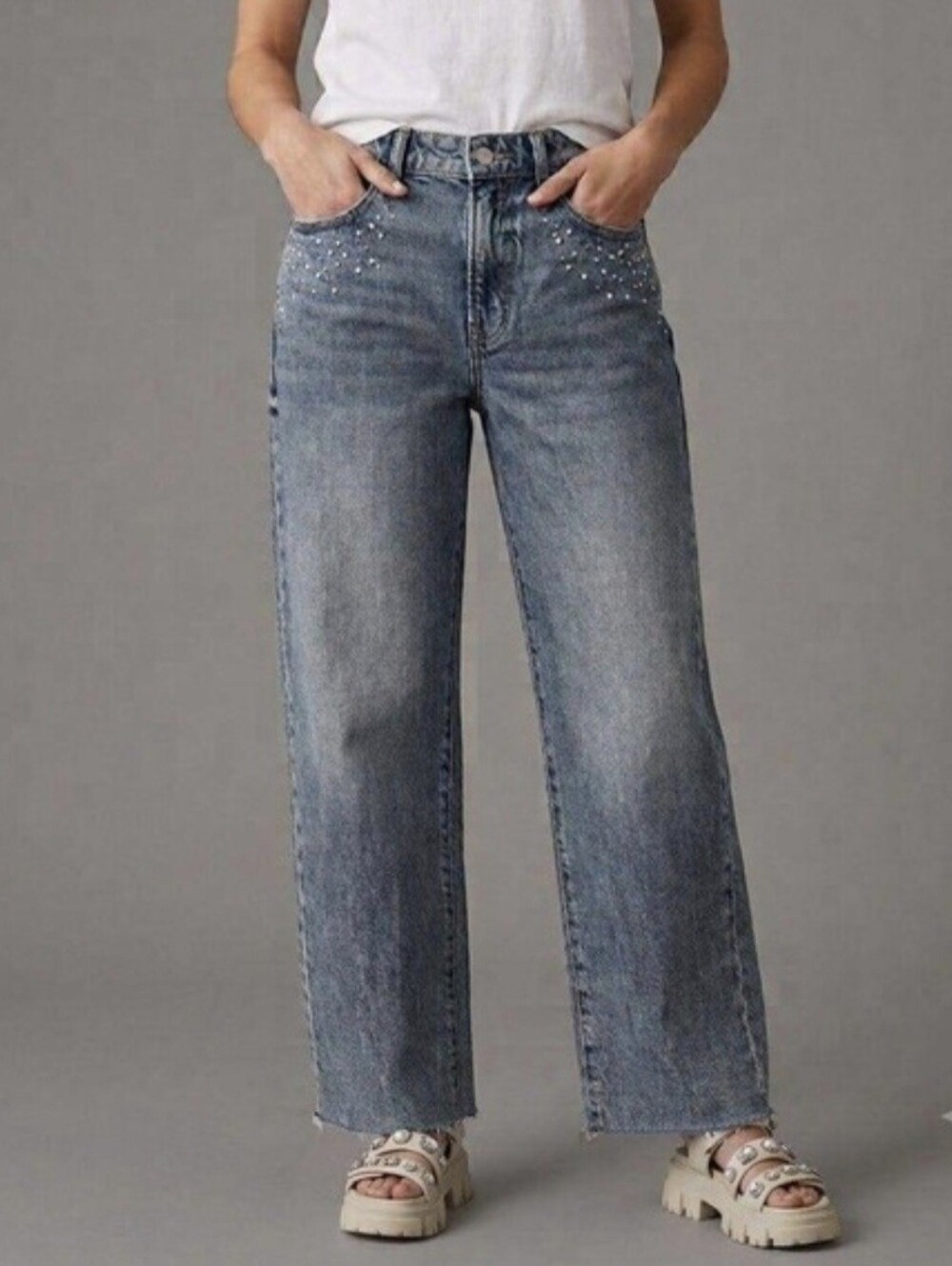 Lucky Brand Women's The Baggy  Blue MID Rise Jeans with Stud Embellishments